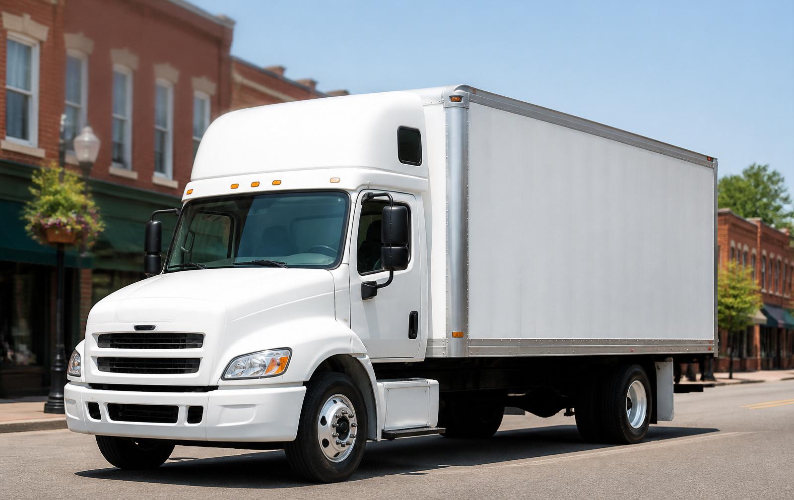 Nell Trucking white box truck on a local main street